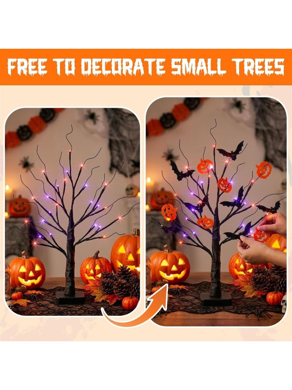 New 22 Inch Halloween Black Tree 24 LED Orange Purple Lights Timer Decor - Picture 5 of 7